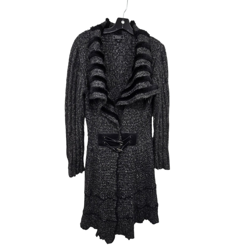 Vintage 90s Mohair Wool Blend Buckle Cardigan Sweater Womens L Gray Black Long